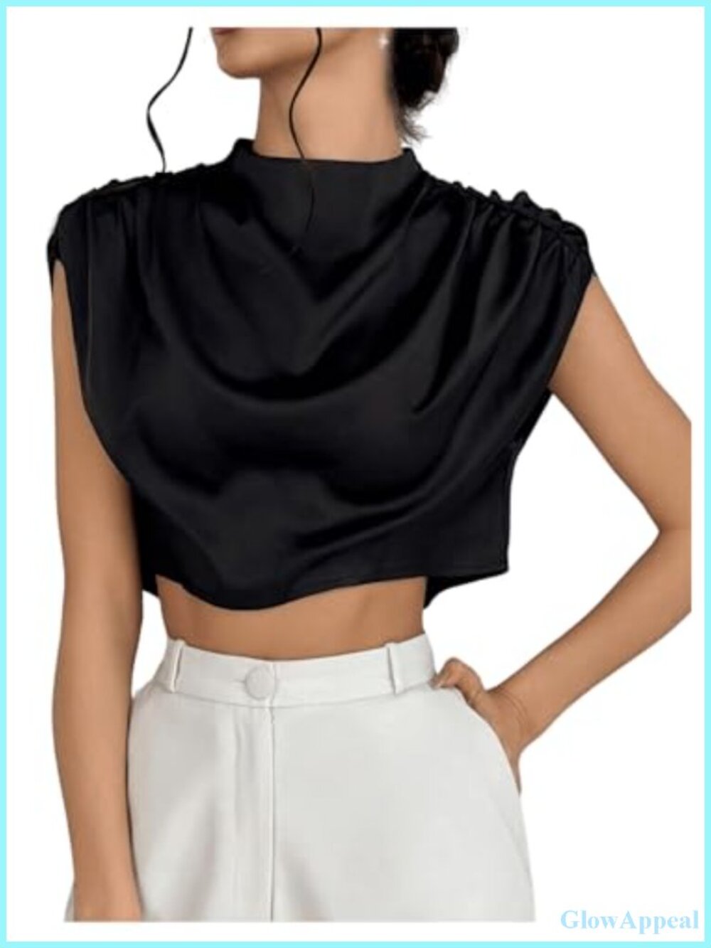 Satin Crop Top Ruched Mock Neck Cap Sleeve Blouse